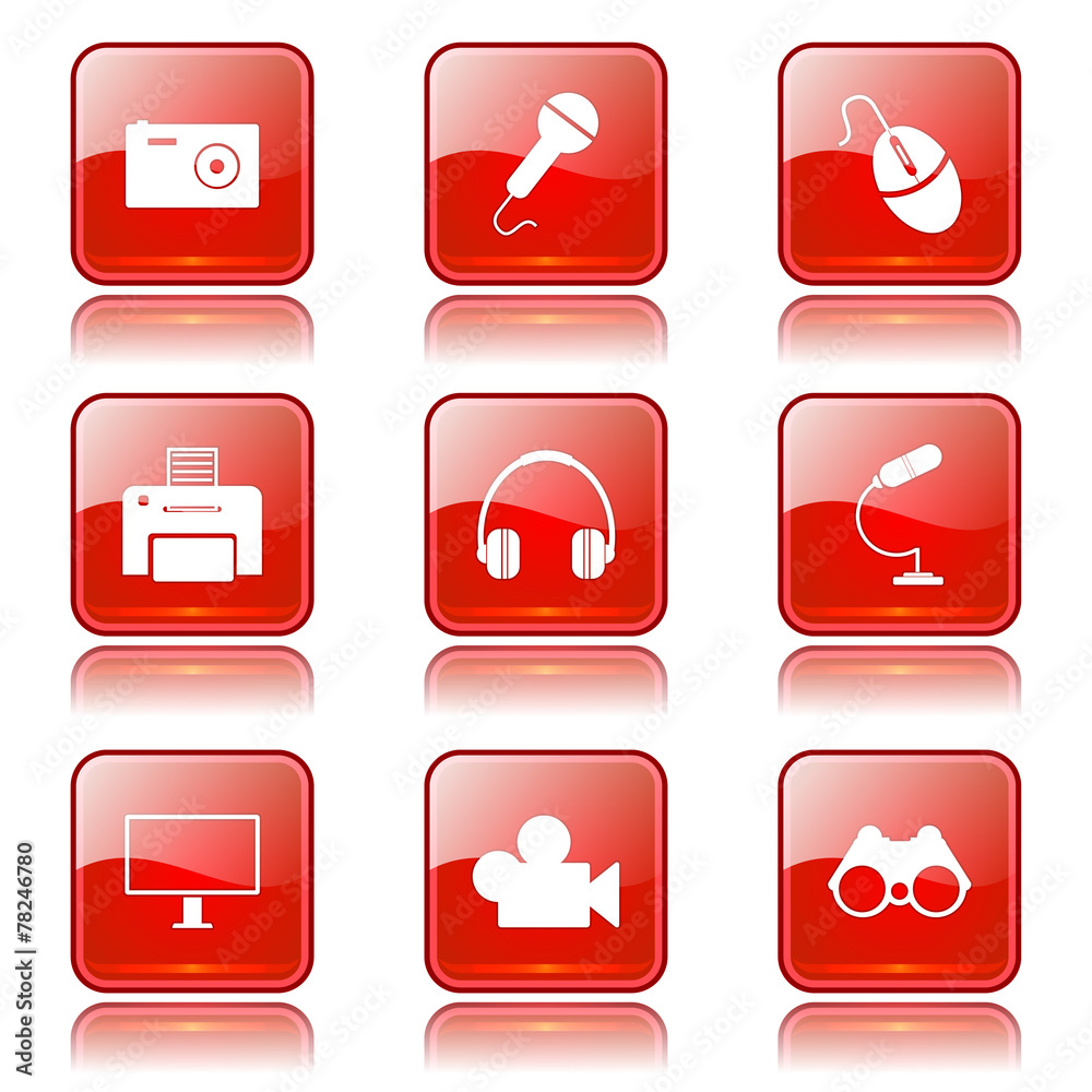 Electronic Equipment Square Vector Red Icon Design Set Electronic Equipment Square Vector Red Icon Design Set