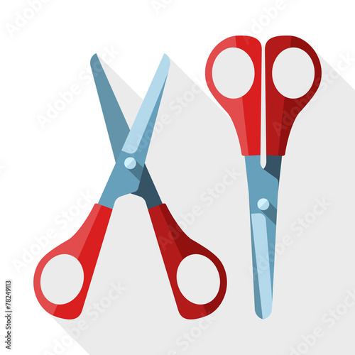 Scissors with long shadow on white background