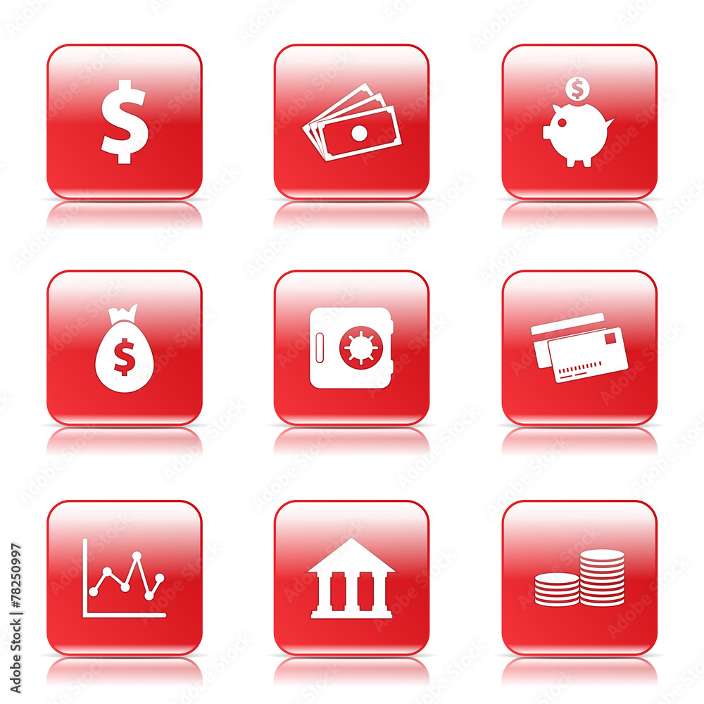 Financial Banking Square Vector Red Icon Design Set Financial Banking Square Vector Red Icon Design Set