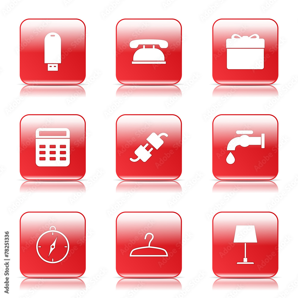 House Equipments Square Vector Red Icon Design Set House Equipments Square Vector Red Icon Design Set