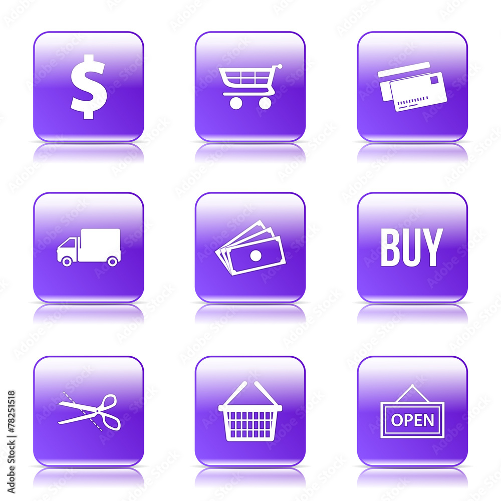Shopping Sign Square Vector Violet Icon Design Set Shopping Sign Square Vector Violet Icon Design Set