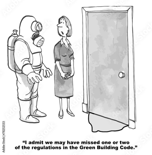 Cartoon of businesswoman with sludge under door, Building Code.