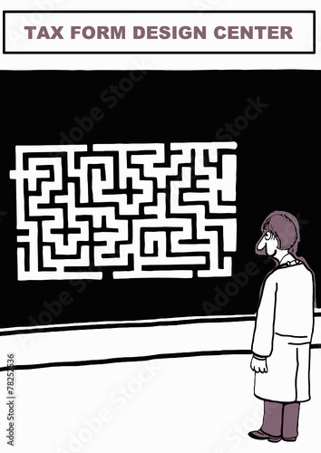 Cartoon of tax form design center - confusing maze.