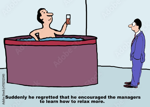 Cartoon of businessman relaxing at work in jetted tub.