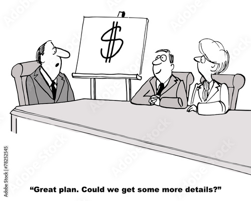 Cartoon of businessman presenting one page plan, making money.