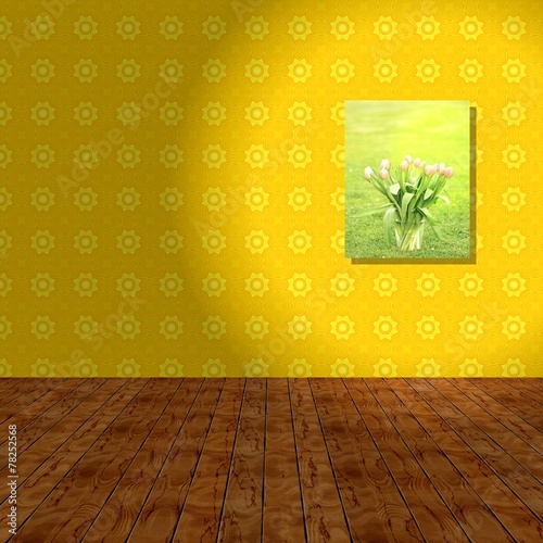Fototapeta Naklejka Na Ścianę i Meble -  Empty room with yellow wall, wooden background and hook picture.