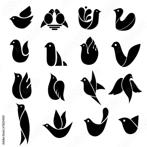 Set of images of birds, simple symbols isolated on white backgro