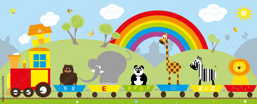train with animals on the background with the rainbow