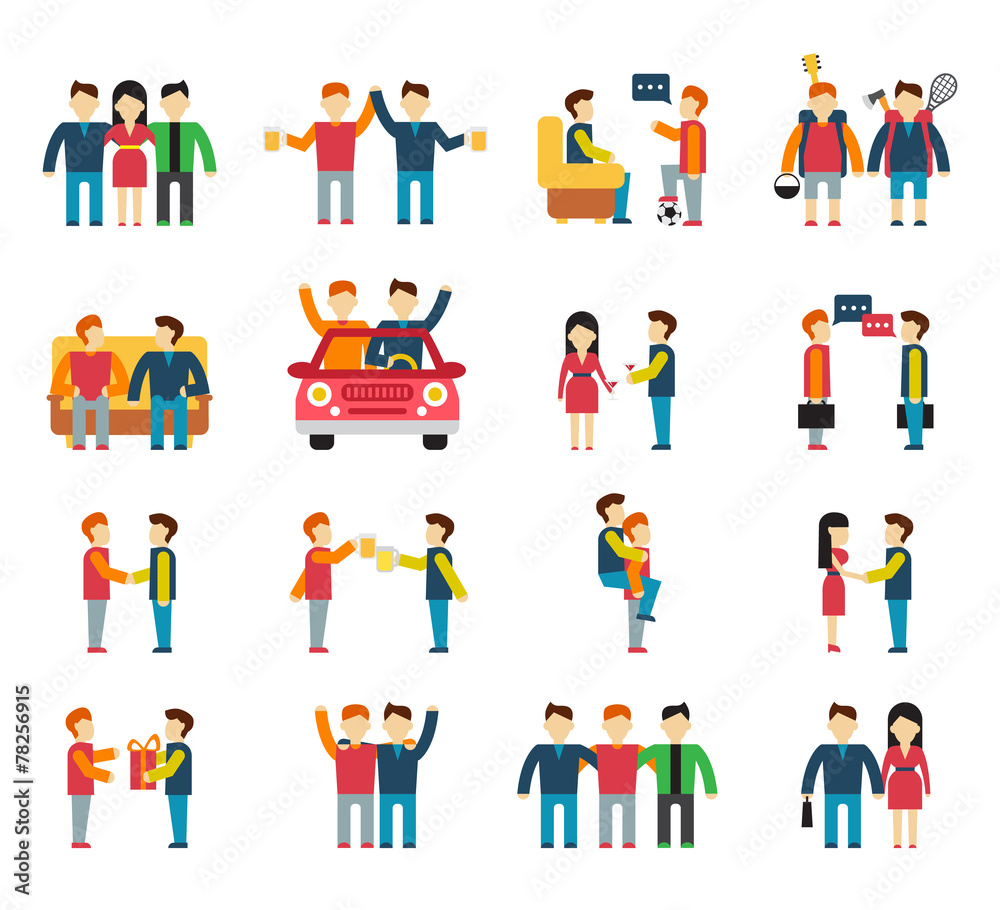 Friends and friendly relationship social team flat icon set
