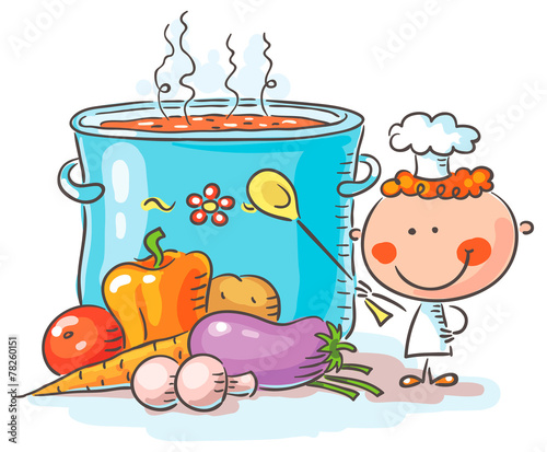 Little chef with a giant boiling pot