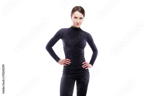 Close up image of female in sports clothing on white background