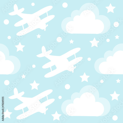 Baby boy seamless pattern with cartoon toy airplane and clouds