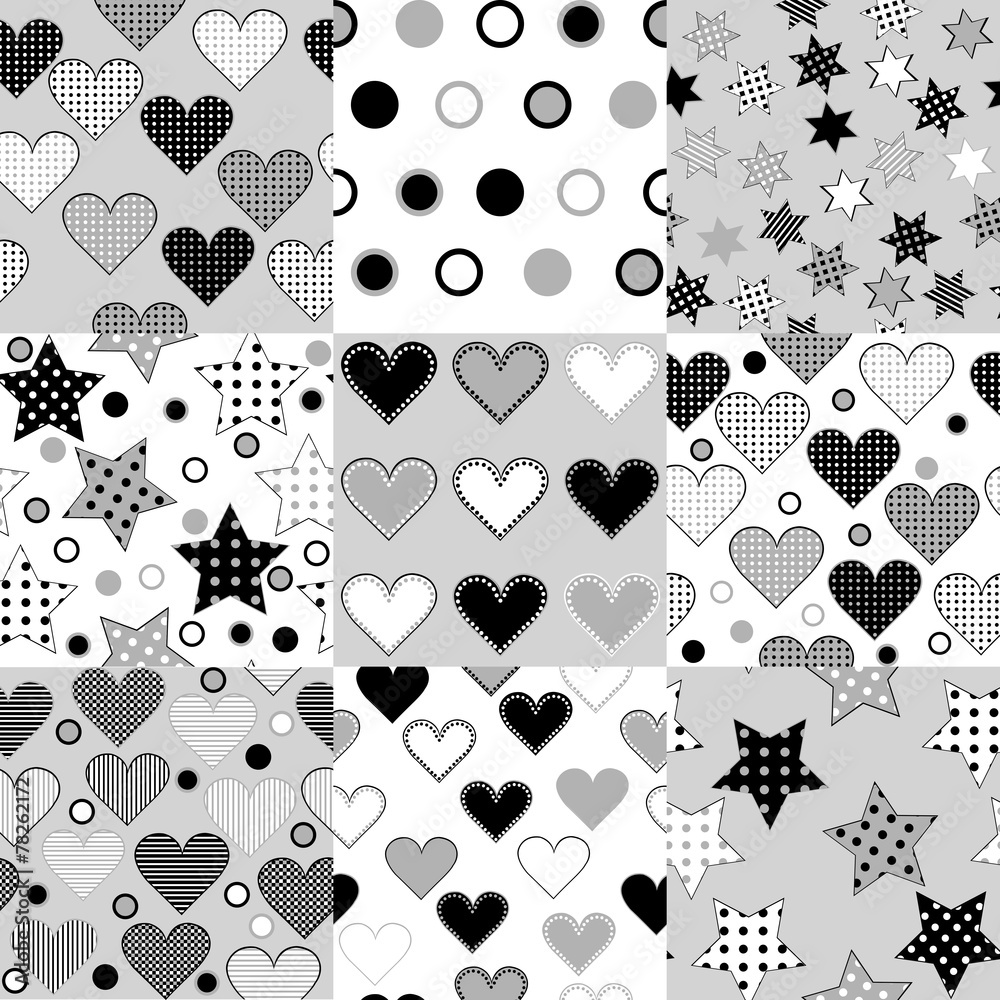 Fototapeta premium Set of black and white seamless background patterns with stars,