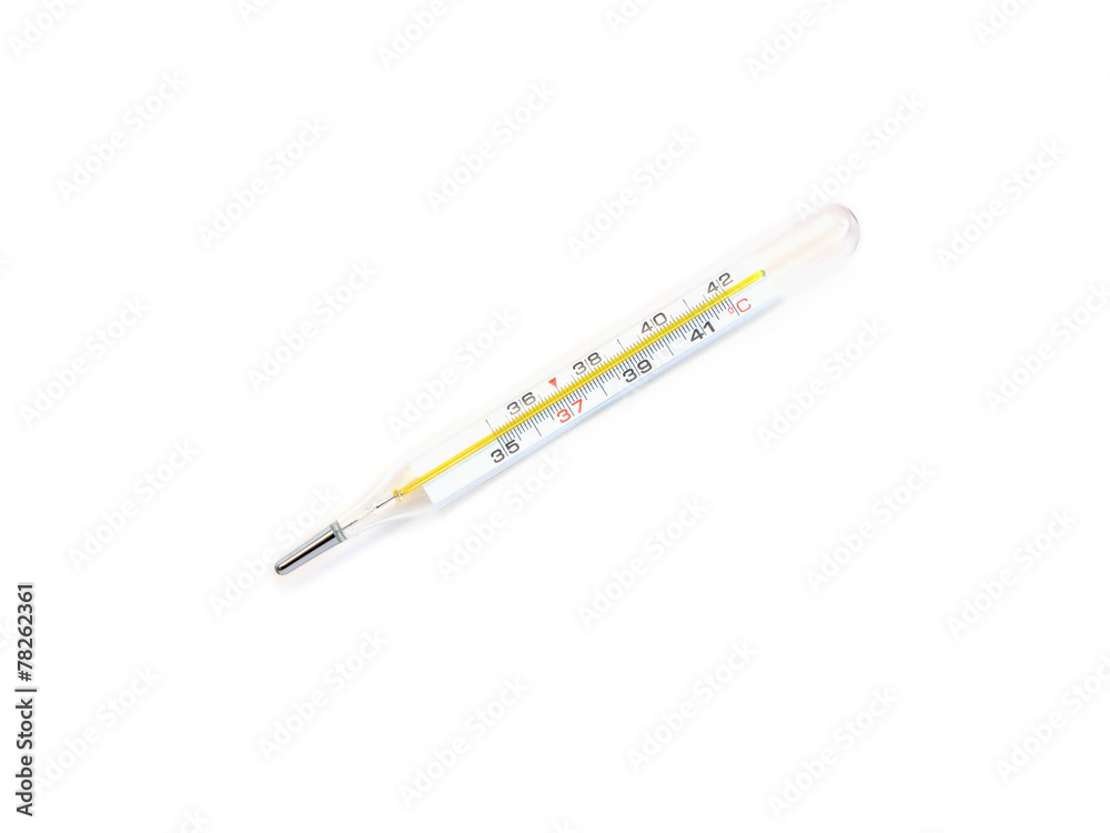 Glass mercury thermometer shows isolated on white closeup