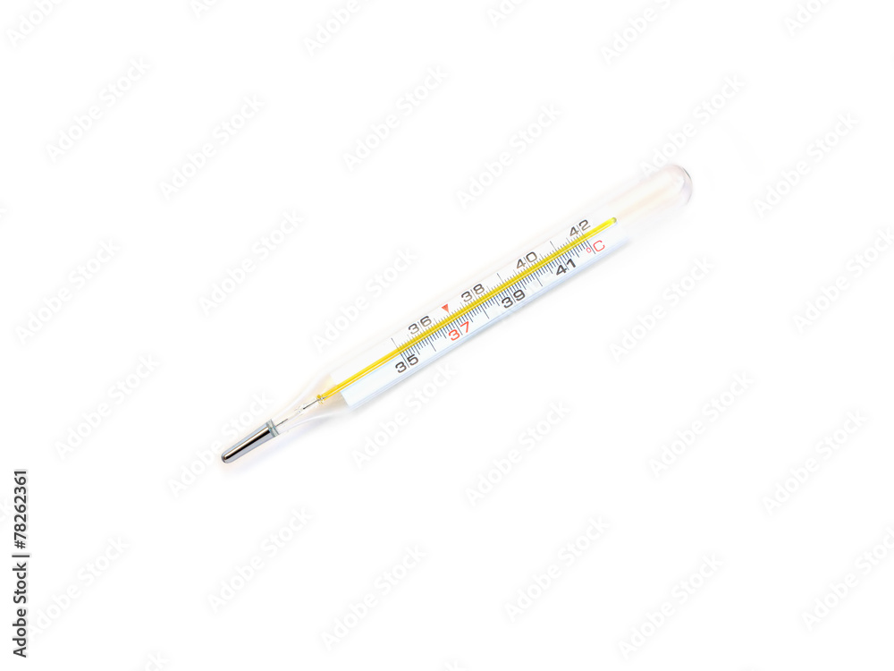 Glass mercury thermometer shows isolated on white closeup Glass mercury thermometer shows isolated on white closeup