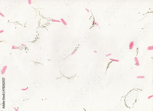 Photo of an old handmade white paper texture background with dried pink flower petals photo