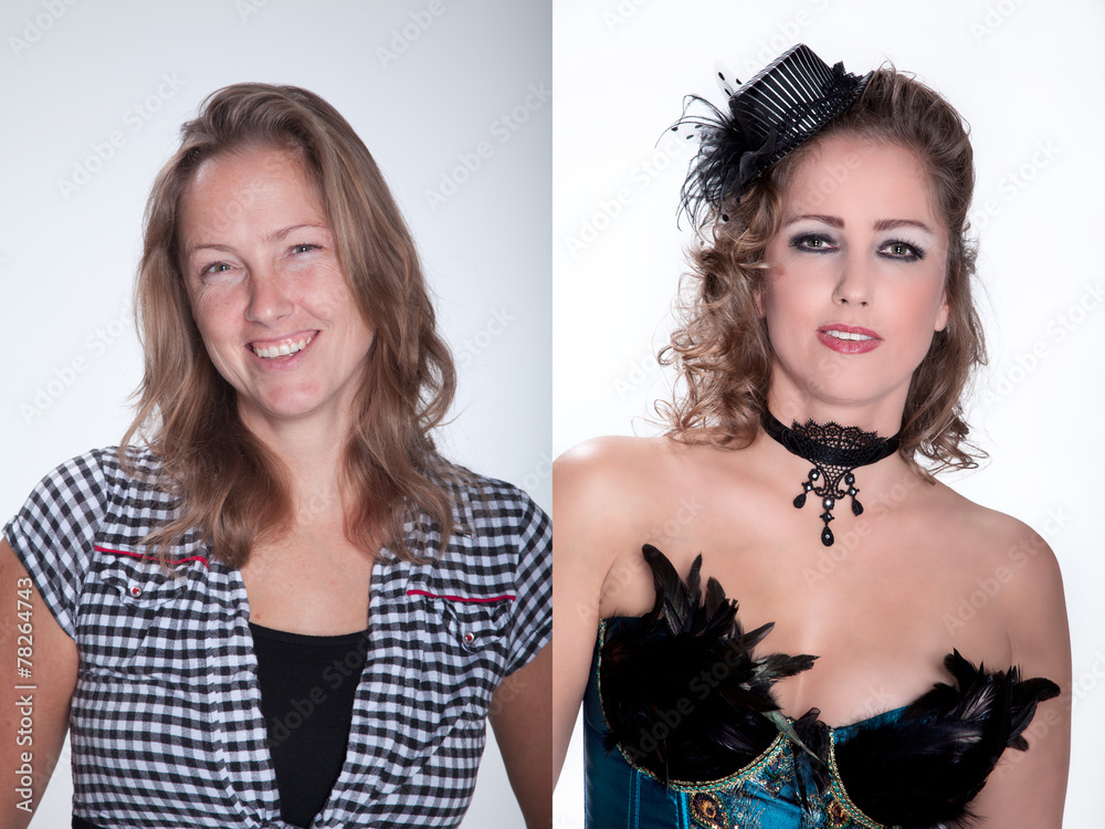Obraz premium Vorher Nachher Frau Vergleich mit Visagistik Burlesque Style Porträt