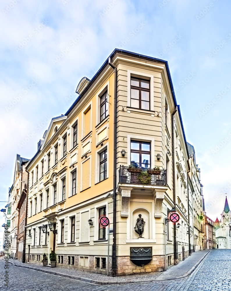 Corner building in old Riga city, Latvia
