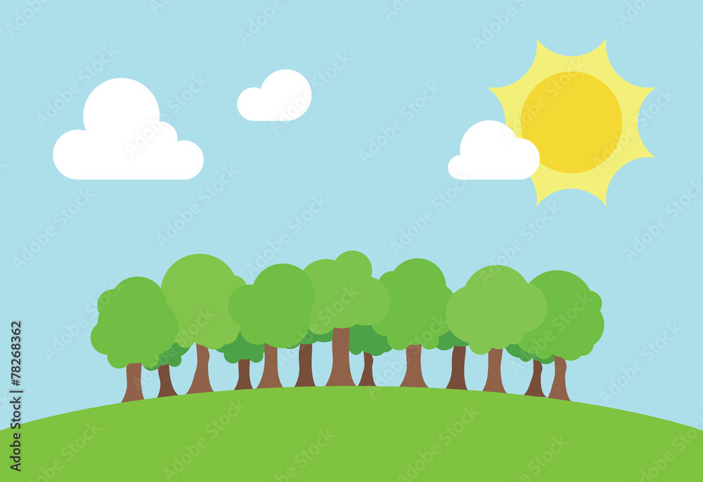 Summer sunny day with green field and forest. Illustration.