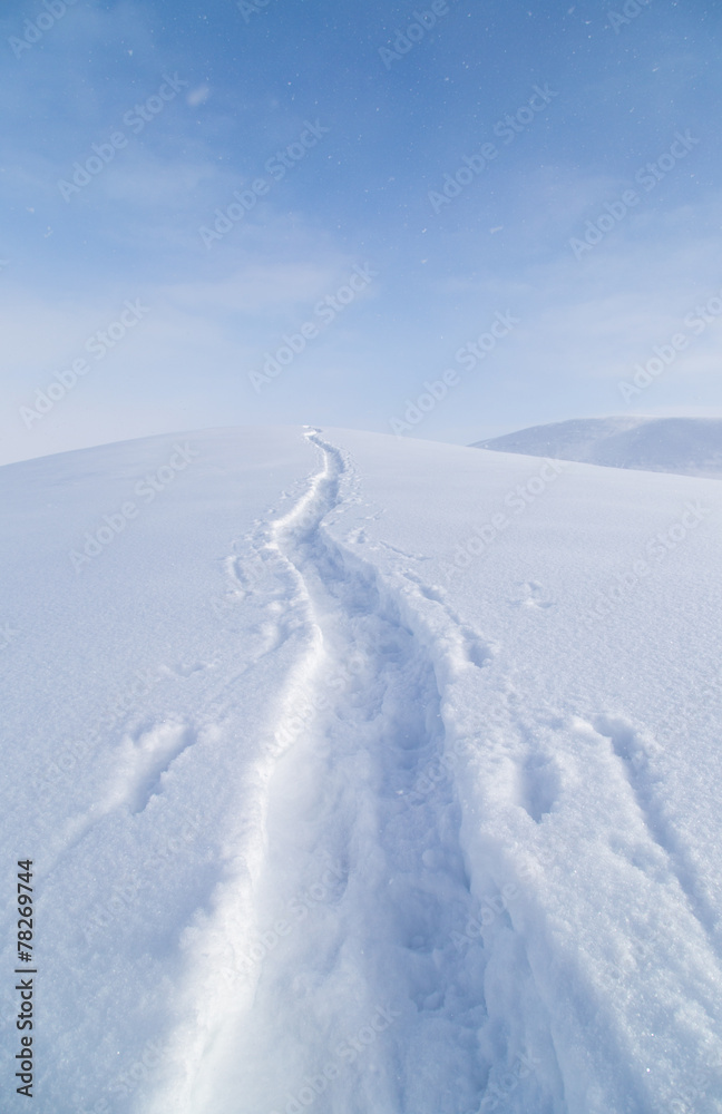 climbers trail in the snow as a background