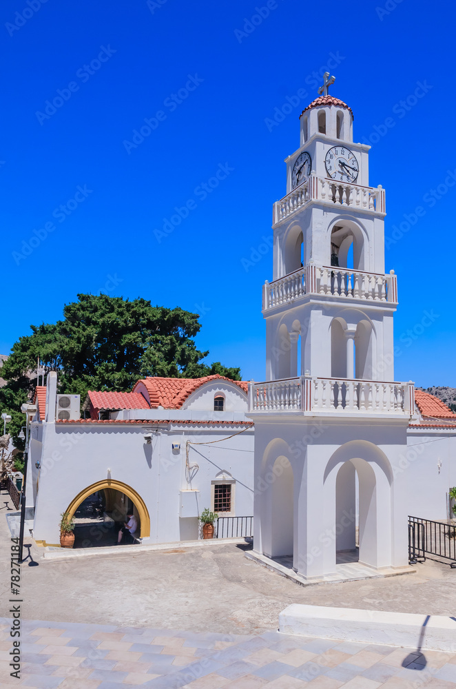 Church  with a bell tower. Kato Monastery Tsambika. Rhodes Islan