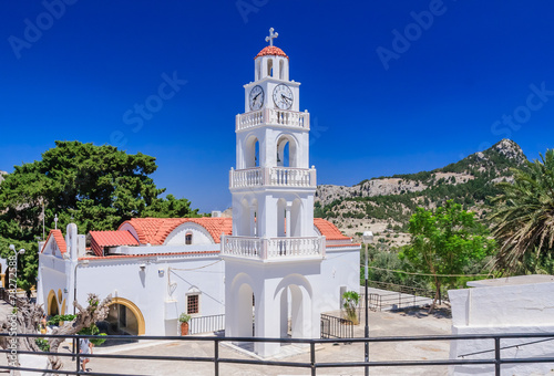 Church  with a bell tower. Kato Monastery Tsambika. Rhodes Islan photo