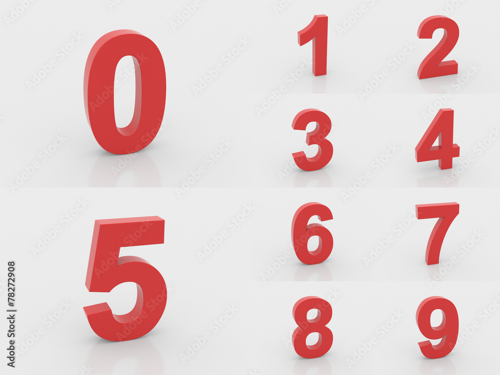 3d red numbers from 0 to 9 on white background 3d red numbers from 0 to 9 on white background