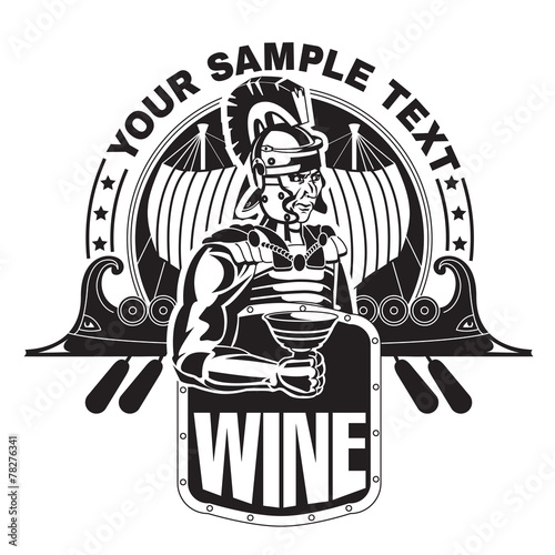 Roman legionary with a cup of wine on the background of ships