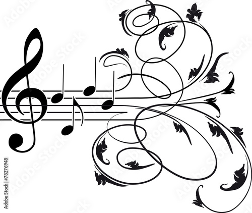 Treble clef and musical notes with decorative floral swirls
