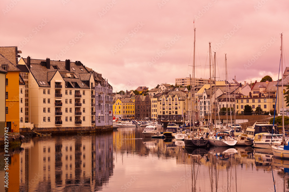 Cityscape of Alesund Norway at sunset