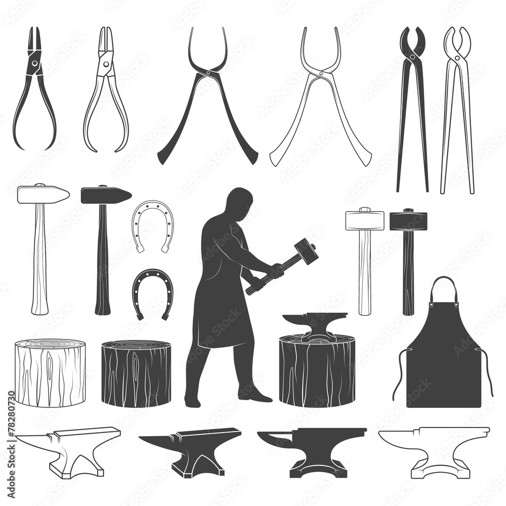 Set of vintage blacksmith icons and design elements - obrazy, fototapety, plakaty 