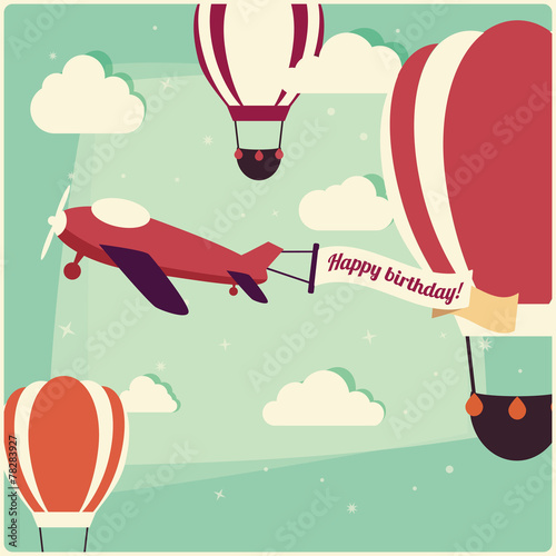 Birthday background hot air balloons and an airplane