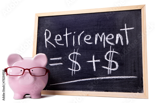 Piggy Bank or piggybank with retirement pension savings growth formula calculation drawn on small blackboard isolated on white background photo