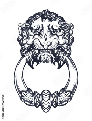 Lion head door knocker. Hand drawn vector illustration isolated