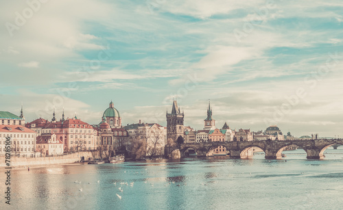 Print op canvas The view over the Vltava river, Charles bridge and white swans f