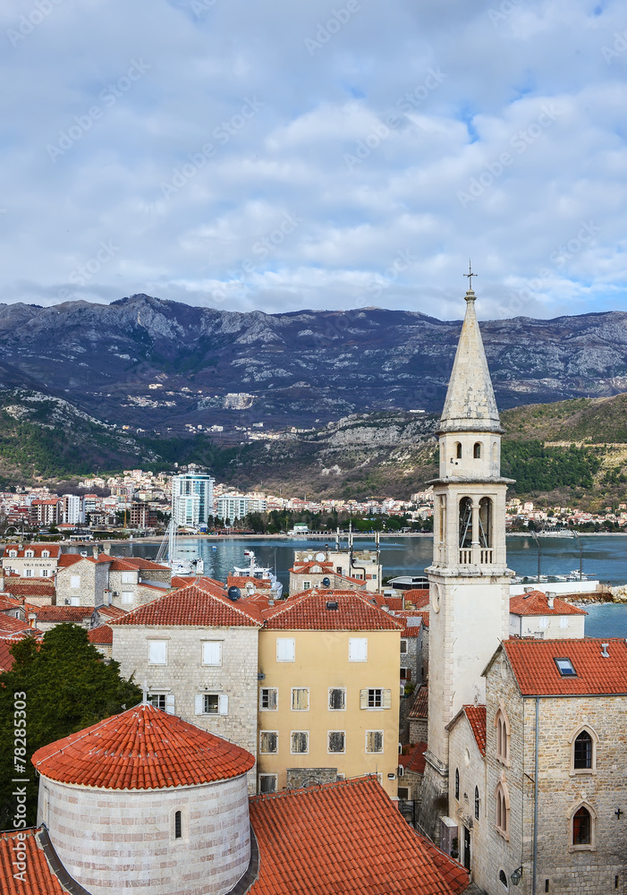 The view over the old town center of Budva, Montenegro, the chap