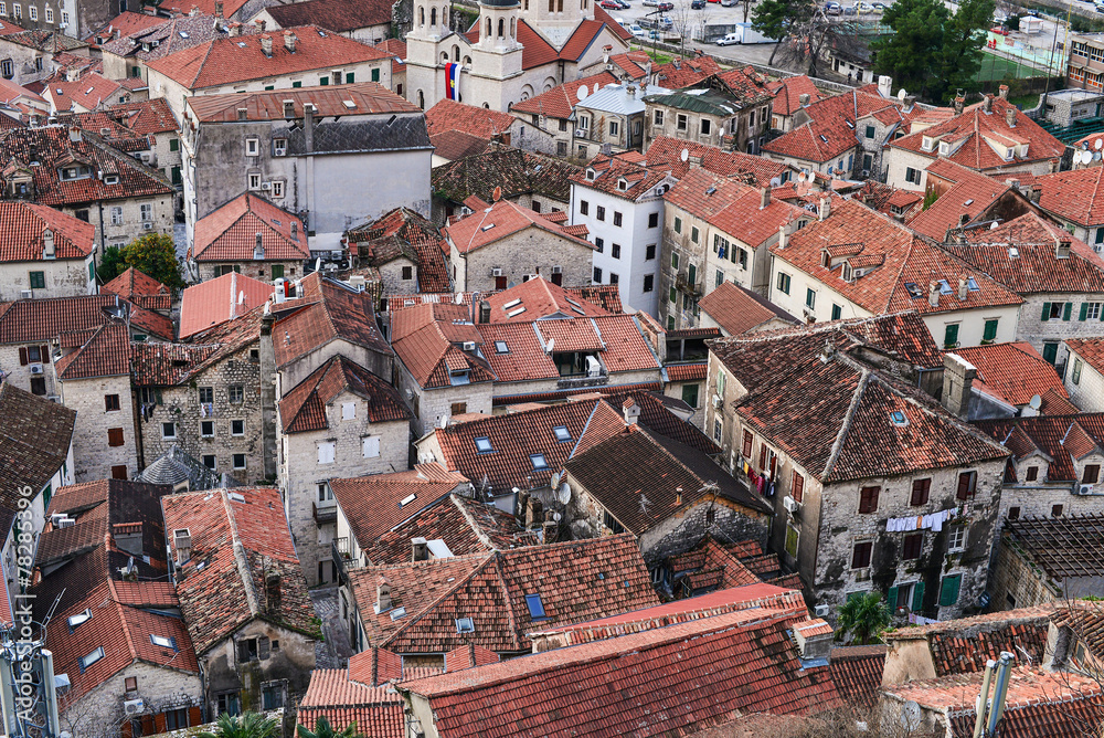 The view over red tiles roofs of the old center of Kotor, Monten