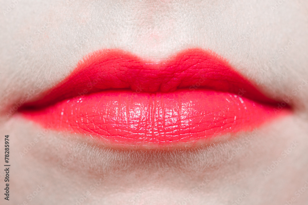 Closeup female lips with red lipstick. Part of face. Makeup Closeup female lips with red lipstick. Part of face. Makeup