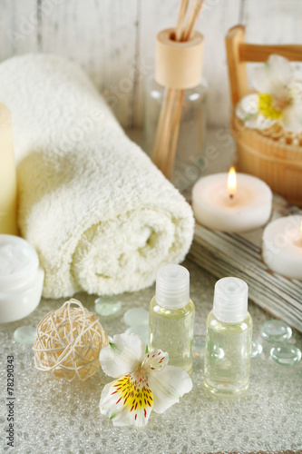 Composition of spa treatment on wooden background