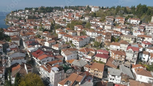 Aerial view of Macedonian city and lake Ohrid