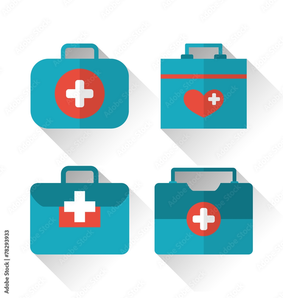Set icons of medicine chest with long shadow in flat style Set icons of medicine chest with long shadow in flat style