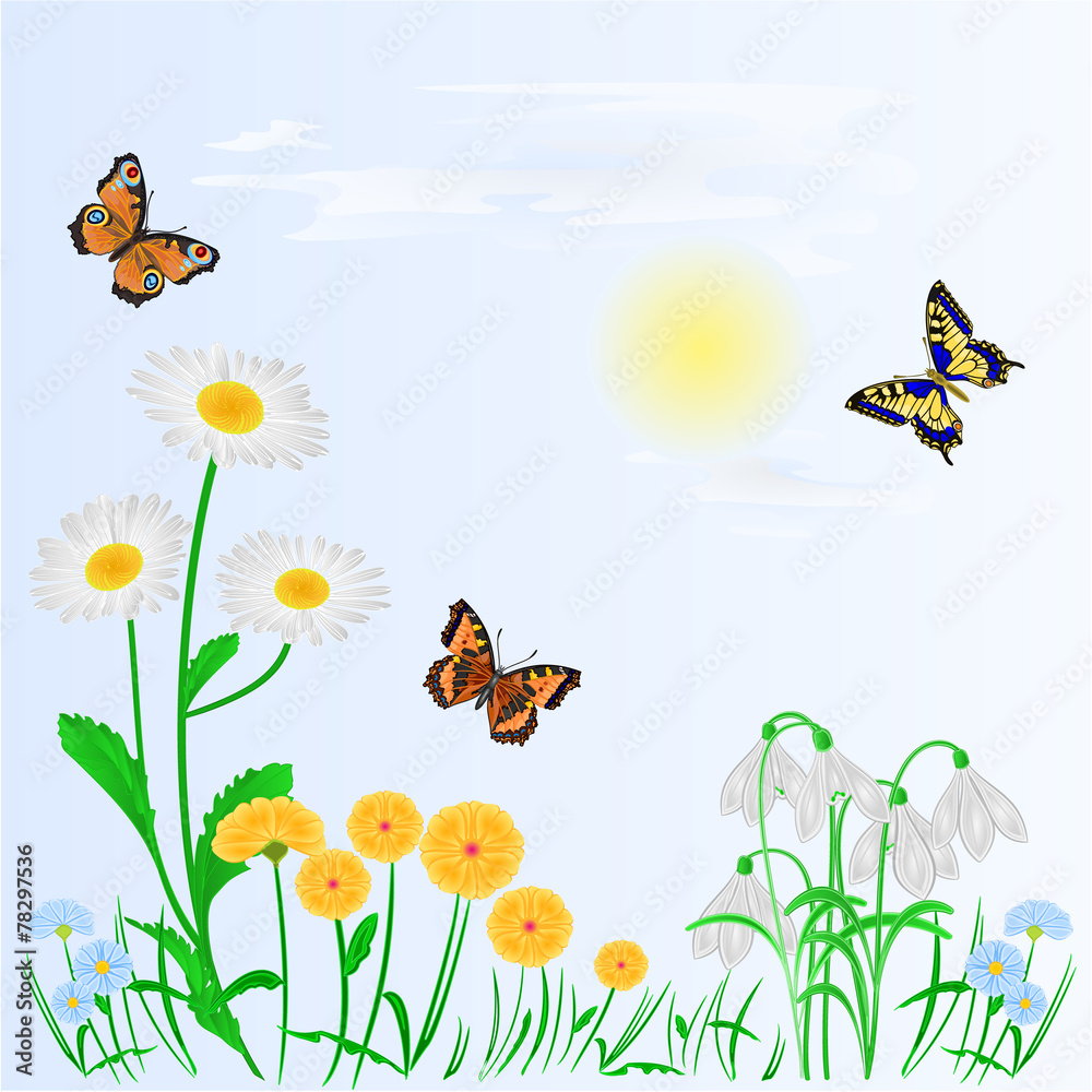 Spring background spring flowers and butterflies vector