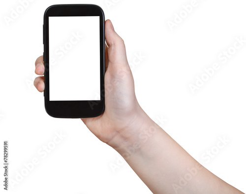 girl holds smartphone with cut out screen