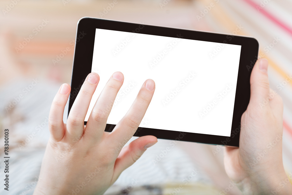 girl uses tablet pc with cut out screen