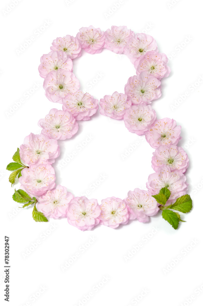 pink flowers in  shape of number eight on white background