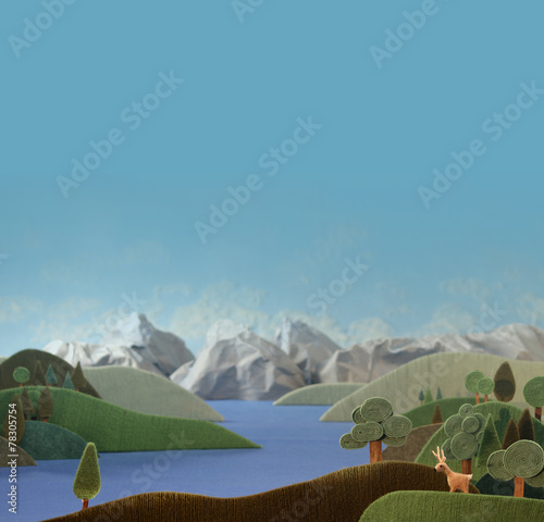 Countryside with deer - alpine landscape made of wool