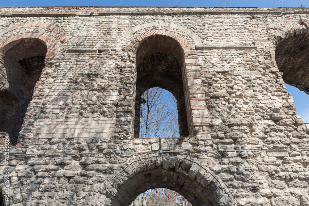 Valens Aqueduct closeup in Istanbul, front view