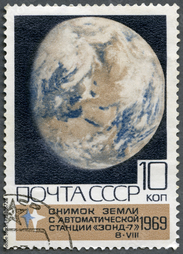 USSR - 1969: shows  shows Photograph of Earth by Zond 7 photo