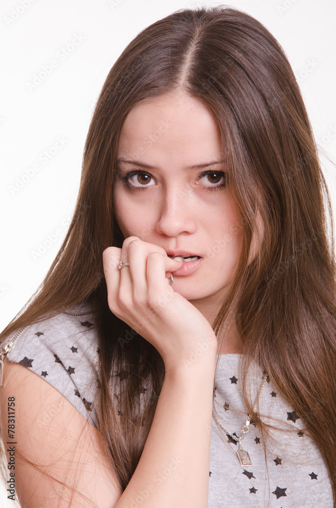Portrait of beautiful girl with hand near face Portrait of beautiful girl with hand near face