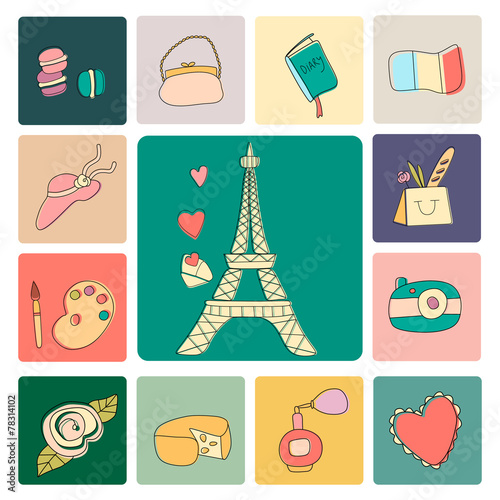 Paris icons. Vintage vector illustration set.